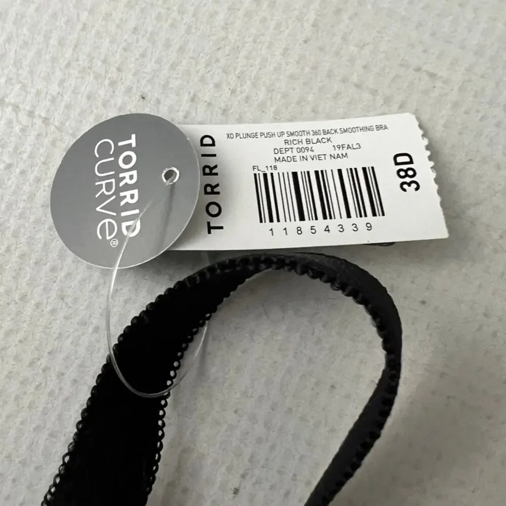 Torrid XO Plunge Push Up 360 Back Smoothing Bra Black Size 38D NEW‎